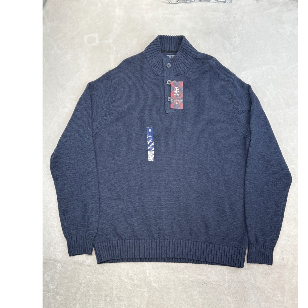 IZOD Sweater Mens L Navy Blue Button Mock Neck Marl Knit Pullover NWT Classic